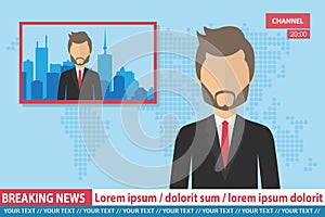 Anchorman on tv broadcast news. Breaking News vector illustration. Media on television concept. Flat vector