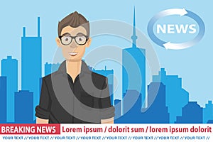 Anchorman on tv broadcast news. Breaking News vector illustration. Media on television concept. Flat vector