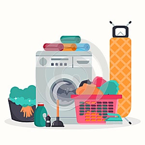 Laundry room service concept. Working washing machine with linen baskets, detergent, ironing board and towels