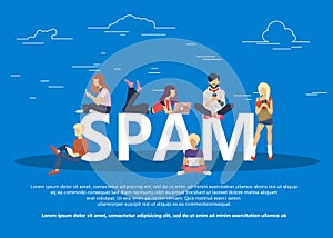 Spam concept flat vector illustration of young men and women receiving unsolicited emails. Flat vector photo