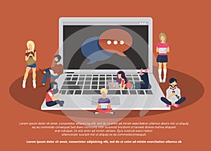 People sitting on big notebook. Social network web site. Surfing concept illustration of young people using lap tops and phones