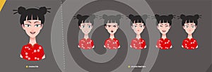 Chinese azian woman girl character set of emotions
