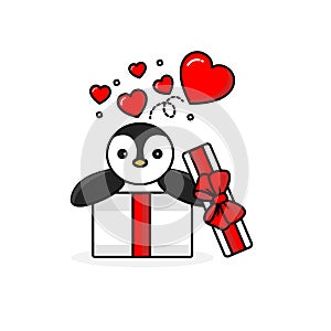 Happy penguin inside the open gift box with fly hearts.