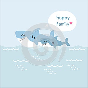 Happy shark family. Cute animal character.