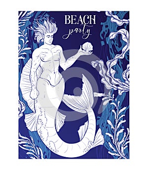 Beach party invitation with merman, seaweeds and marine waves background. Design template for print, poster, wallpaper. photo