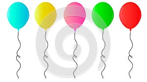 Web set of festive balloons of different colors, bright blue, yellow, red, green. vector balloons with ribbon on a white backgroun