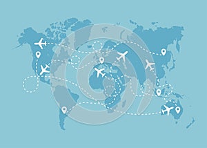 Airplane travel route with start point concept on world map