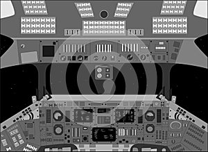 Spaceship cabin from inside, black and white vector illustration
