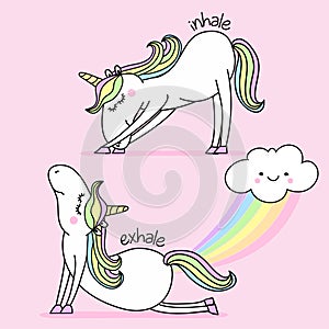 Exhale - Inhale - namaste fart rainbow funny vector quotes and unicorn drawing. photo