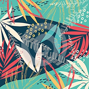 Abstract pattern with tropical leaves and plants on a bright geometric background. Vector design. Jungle print. Textiles and print