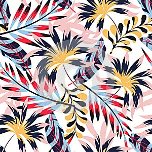 Trend abstract tropical seamless pattern with leaves and plants on white background. Vector design. Jungle print. Floral backgroun
