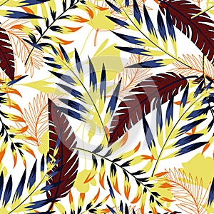 Summer bright original seamless pattern with tropical leaves and plants on white background. Vector design. Jung print. Floral bac