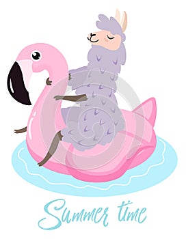 Funny illustration of a cute llama on a flamingo inflatable pool float. Vector template for greeting card, banner, postcard, poste