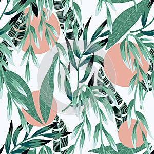 Seamless tropical pattern with bright leaves, flowers and plants on a light background. Vector design. Jungle print. Floral backgr