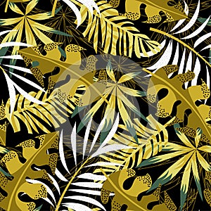 Abstract trend seamless pattern with bright tropical leaves and plants. Vector design. Jungle print. Floral background. Printing a