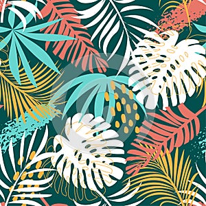 Abstract trend seamless pattern with bright tropical leaves and plants. Vector design. Jungle print. Floral background. Printing a