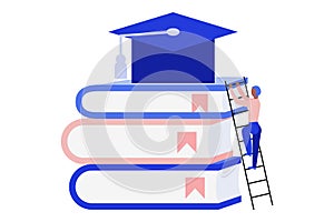 Man climbing up a ladder. Man climbing on giant books to reach graduation cap. Online education concept. Flat vector illustration.
