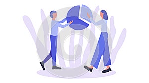 Two people connecting chart elements. Business metaphor. Team concept. Flat vector illustration.