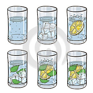 Glass of water with ice cubes, lemon and mint. Refreshing cocktails set. Healthy pure water.