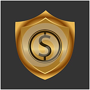 Dollar and gold shield. Stock icon. Vector Illustration.