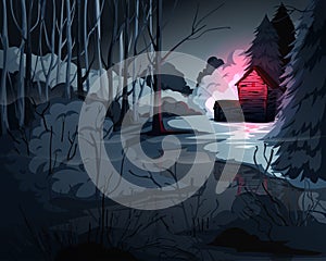 Creepy forest landscape with trees, swamp, old house and red light in window. Mysterious scenery background.