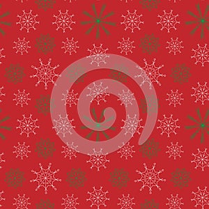 Bright New year and Christmas seamless pattern, white and green snowflakes at the red background