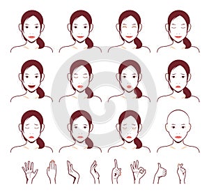 Young lady` face vector illustration set