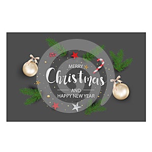 Modern holidays Christmas background banner with Christmas tree branches decorated with berries stars and candy canes and christm photo