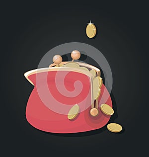 Purse, money. Red wallet. Golden coins. Icon.