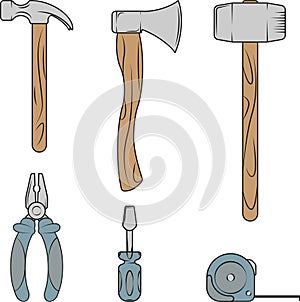 Set of construction tools. Vector illustration of hammer, ax, screwdriver, sledgehammer, pliers, tape measure.