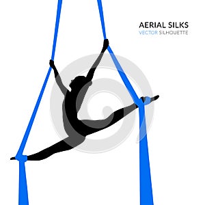 Silhouettes of a gymnast in the aerial silks. Air gymnastics concept photo