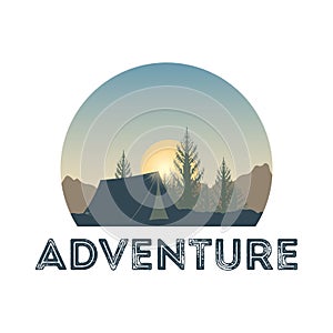 Logo of summer camping. Outdoor recreation template. Concept adventure landscape and wanderlust. Nature, tent and sunrise. Inspira photo