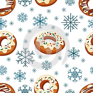 Donuts and snowflakes. Background image. Seamless pattern.