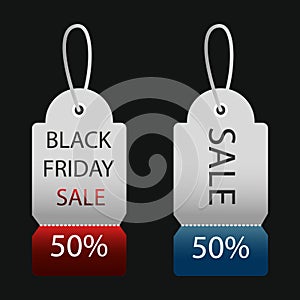 Set of realistic red and blue sale tags and labels. Vector illustration on isolated black background.
