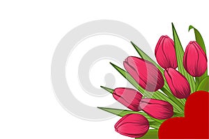 Bouquet of tulips and a heart. Valentine`s Day.