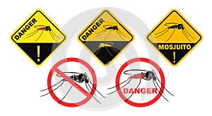 Mosquito danger sign. Isolated mosquito on white background