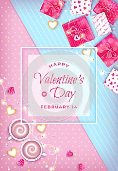 Valentine`s Day Greeting Card with realistic gifts, cups of coffee, cookies, garlands, heart-shaped candies. On abstract pink and