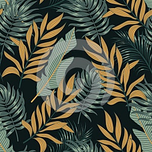 Botanical seamless tropical pattern with bright plants and leaves on a colorful background. Summer colorful Hawaiian seamless