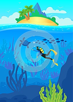 Flat ocean illustration, tropical island,summer holidays