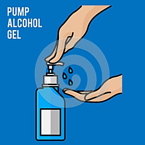 Pump alcohol gel Hand sanitizer Alcohol-based hand rub. Rubbing alcohol. Wall mounted soap dispenser. Wall hanging hand wash conta photo