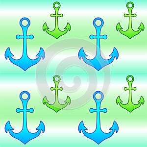 Anchors on blue-green-white background - vector seamless pattern. Blue and green anchors on a striped background - seamless