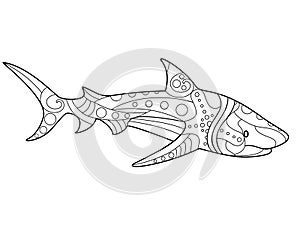 Shark - antistress coloring book - vector linear picture for coloring. Sea dweller - Shark - antistress for marine coloring book. photo