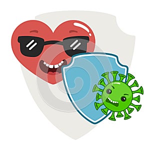 Vector cute heart character virus shield protect