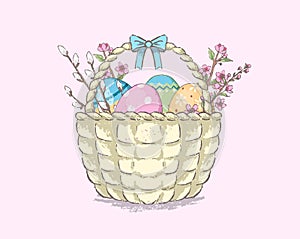 Basket of Easter eggs and flowering branches.