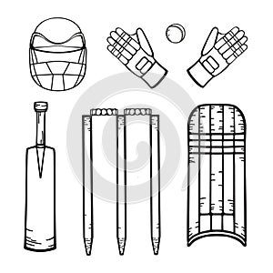 Cricket equipment. Hand drawing in cartoon style. Set of vector isolated icons on white background for coloring.