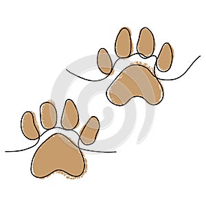 One line dog or cat hand drawn paw print.