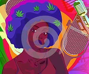 Afro hair style woman sings. Psyhodelic colorful background. Disco and soul music theme. Comics style vector image