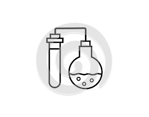 Process of chemical reaction in the scientific laboratory, consisting of flasks and hoses. Vector illustration in a line style. Po