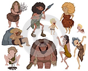 Prehistoric people set. Ancient cave family doing daily routine, hunting prey, eating, dancing. Funny cartoon characters. Isolated