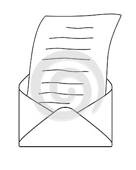 An open envelope and a letter sheet in it - a linear vector illustration for coloring. An opened envelope with a document - receiv